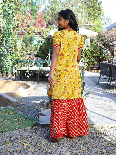 Yellow bandhani Kurta with red leheriya sharara