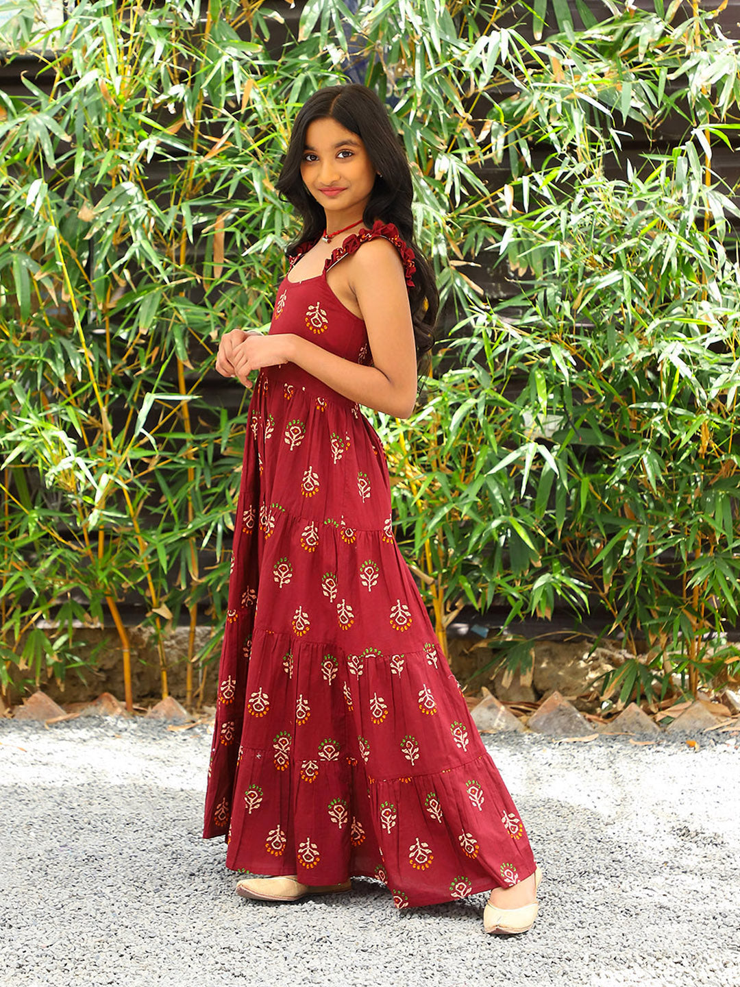 Maroon Color Tiered Cotton Maxi dress