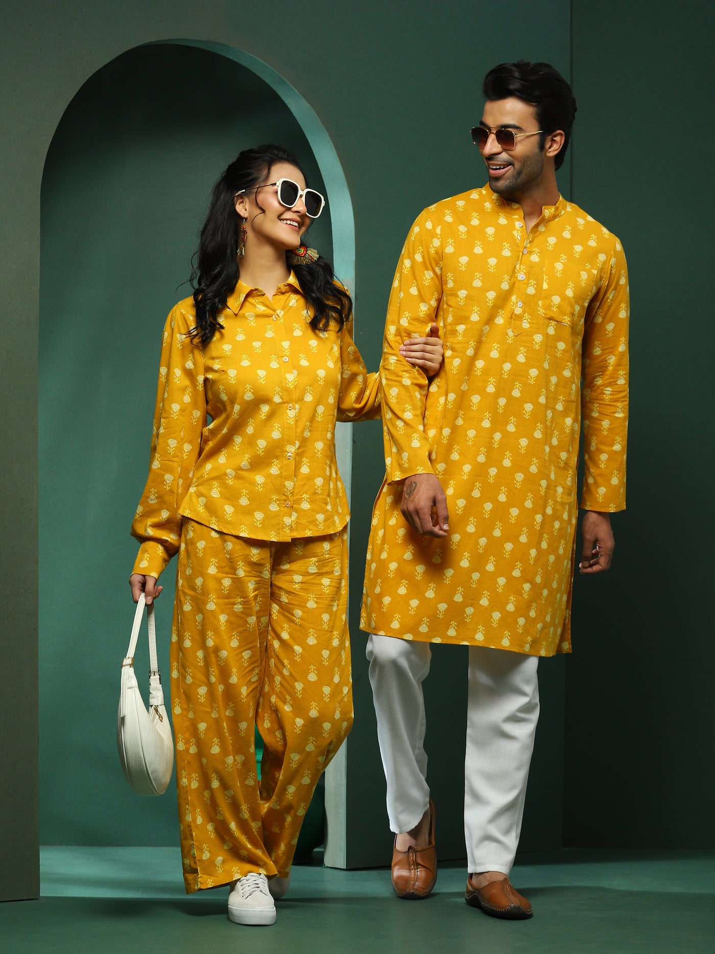 Mustard Floral Print Couple Combo Set