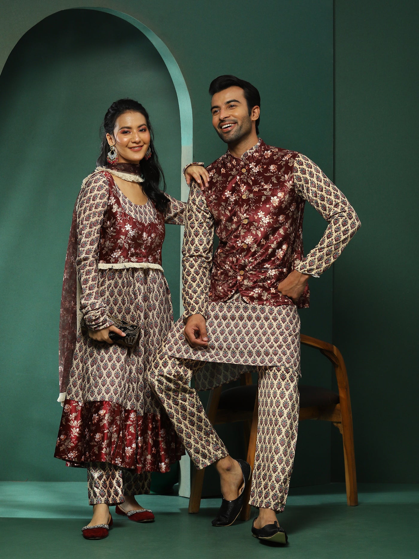 Maroon & Cream Floral Print Couple Combo Set