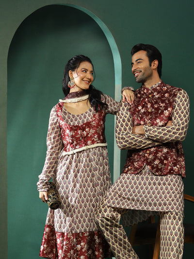 Maroon & Cream Floral Print Couple Combo Set