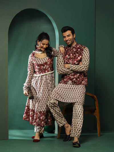 Maroon & Cream Floral Print Couple Combo Set