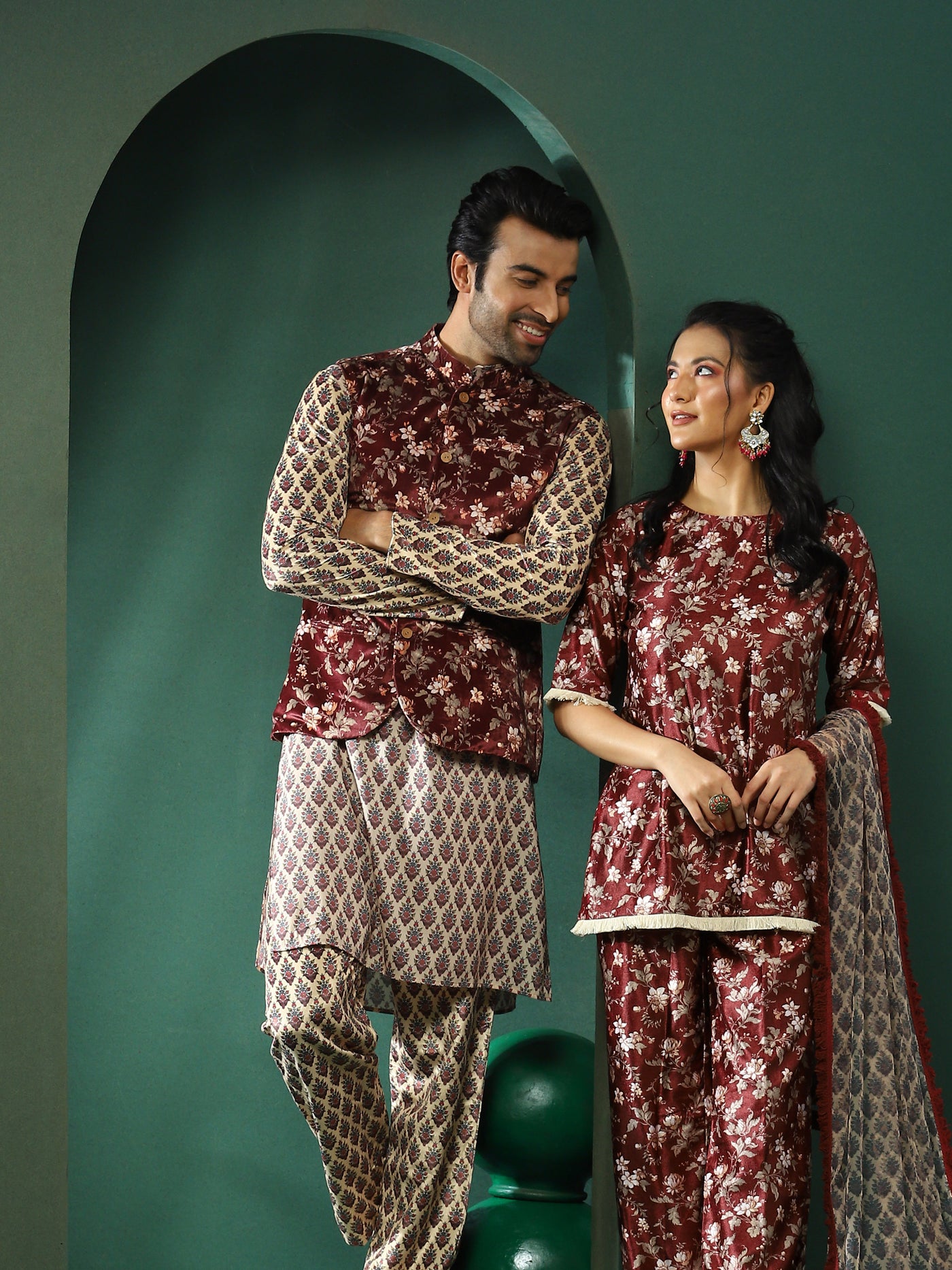 Maroon Floral Print Couple Combo Set