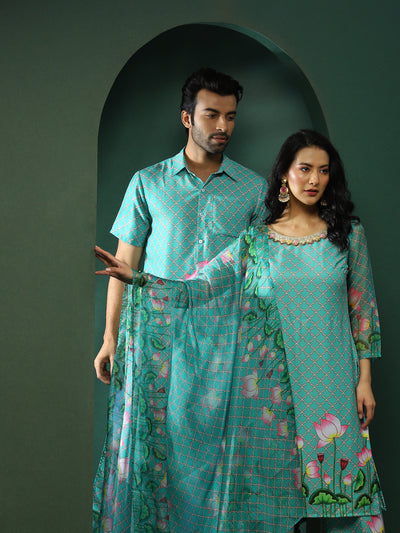 Green Pichwai Print Couple Combo Set