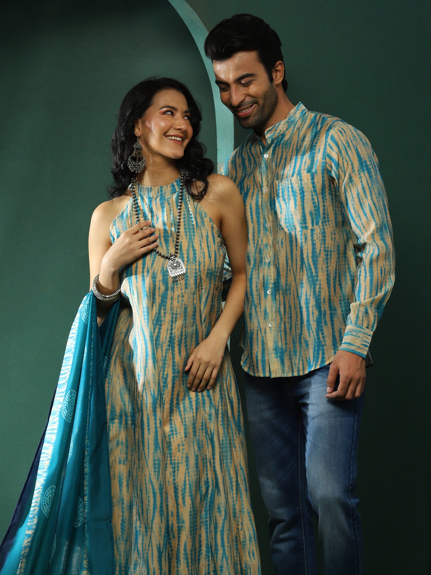 Cream Shibori Print Couple Combo Set