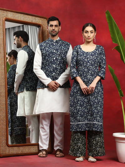 Navy Blue Kantha Work Couple Combo Set