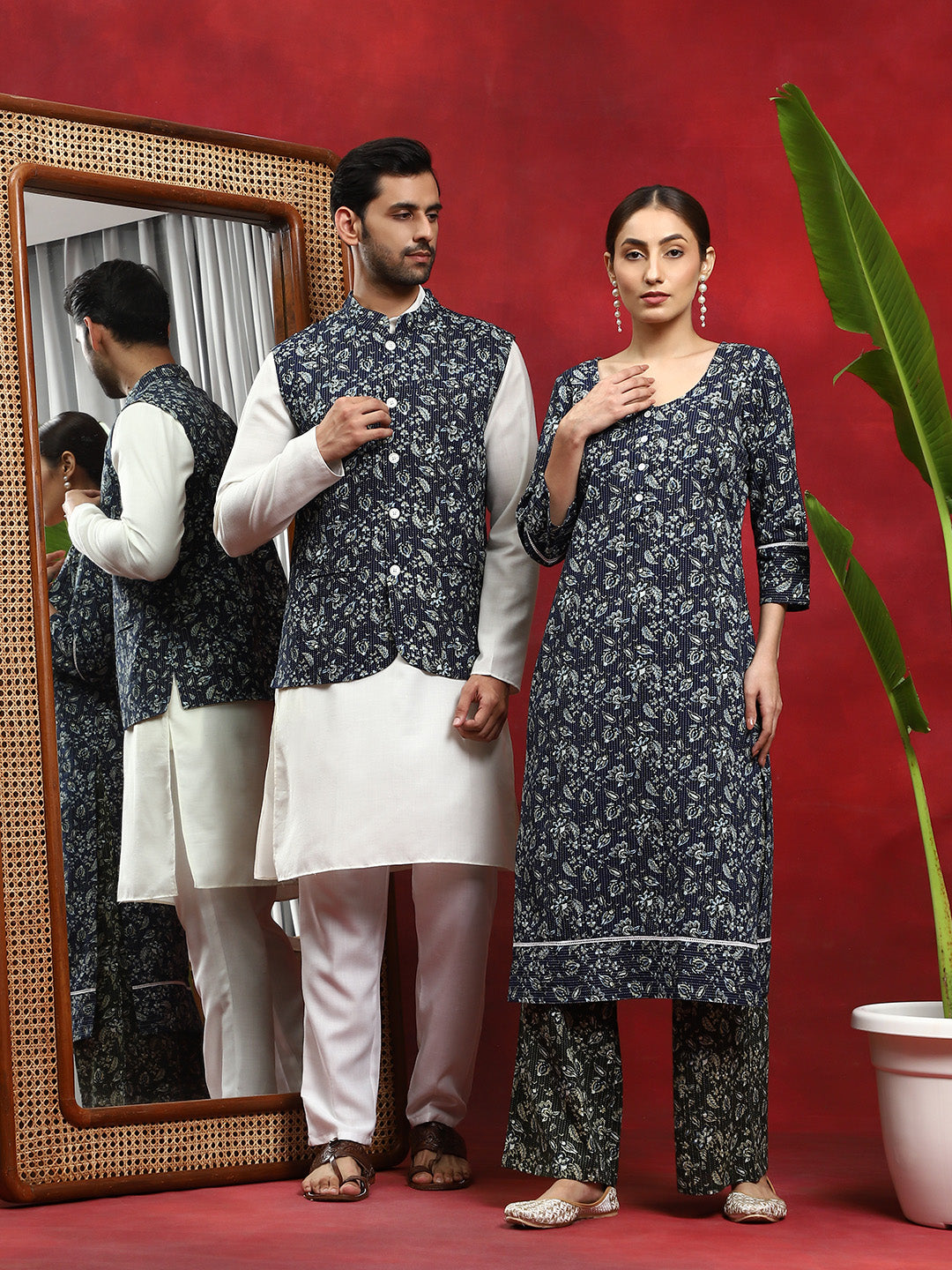 Navy Blue Kantha Work Couple Combo Set