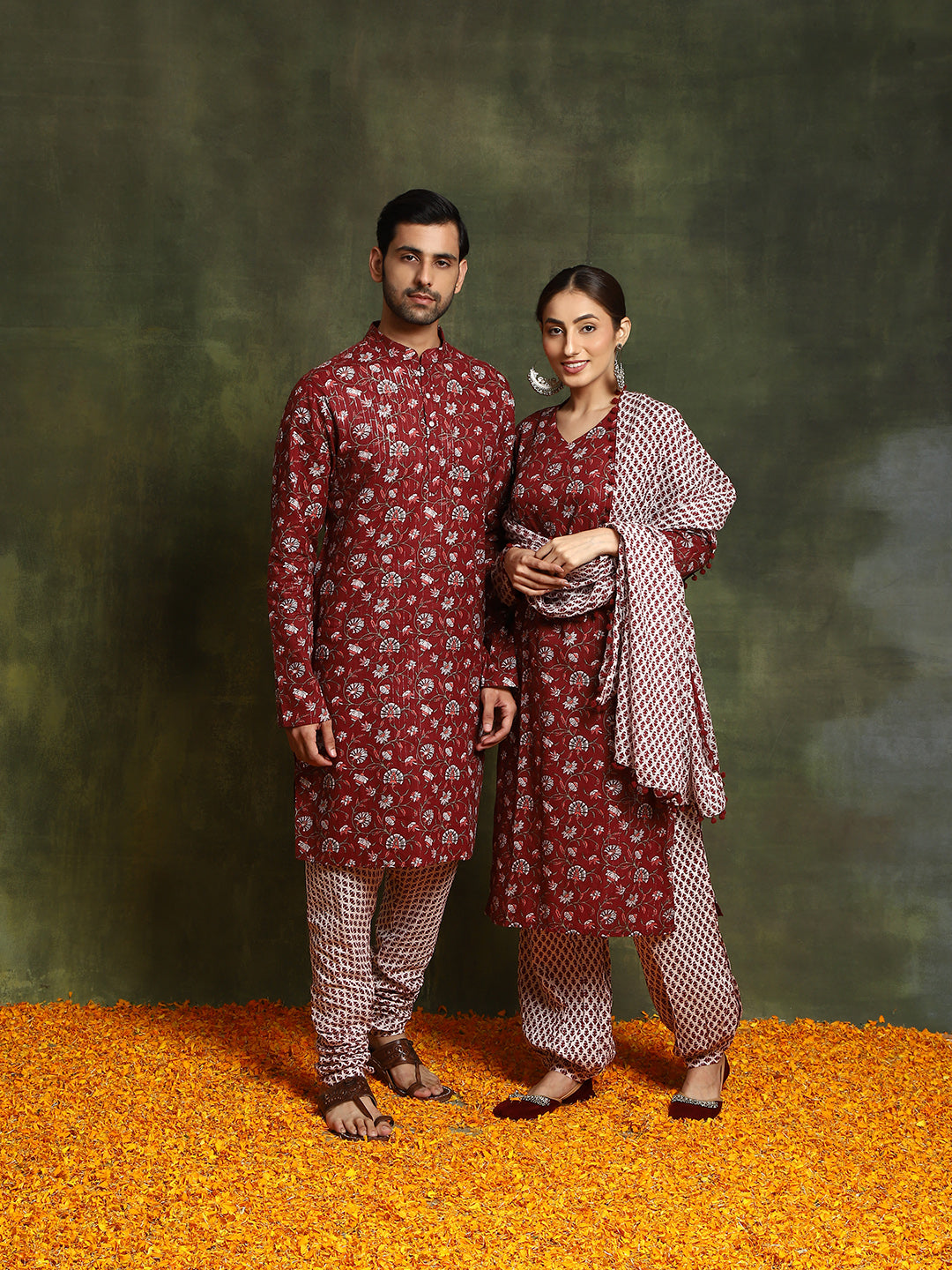 Maroon Floral Print Couple Combo