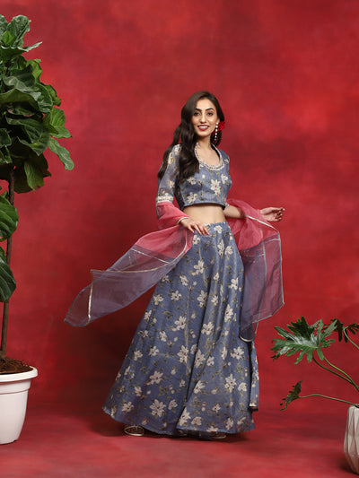 Grey Floral Print Lehenga Choli With Dupatta