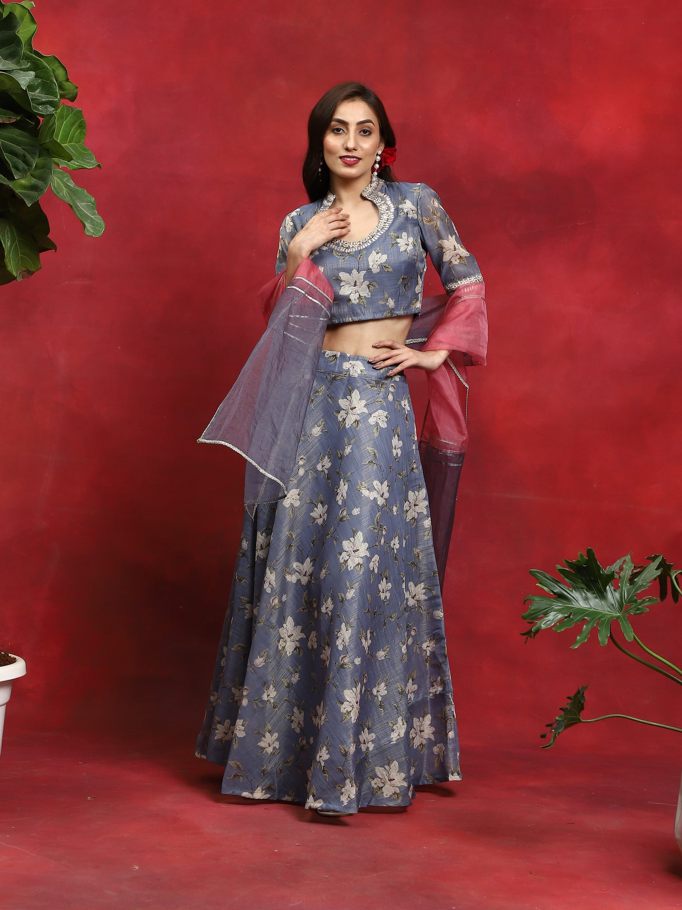 Grey Floral Print Lehenga Choli With Dupatta