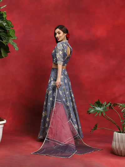 Grey Floral Print Lehenga Choli With Dupatta