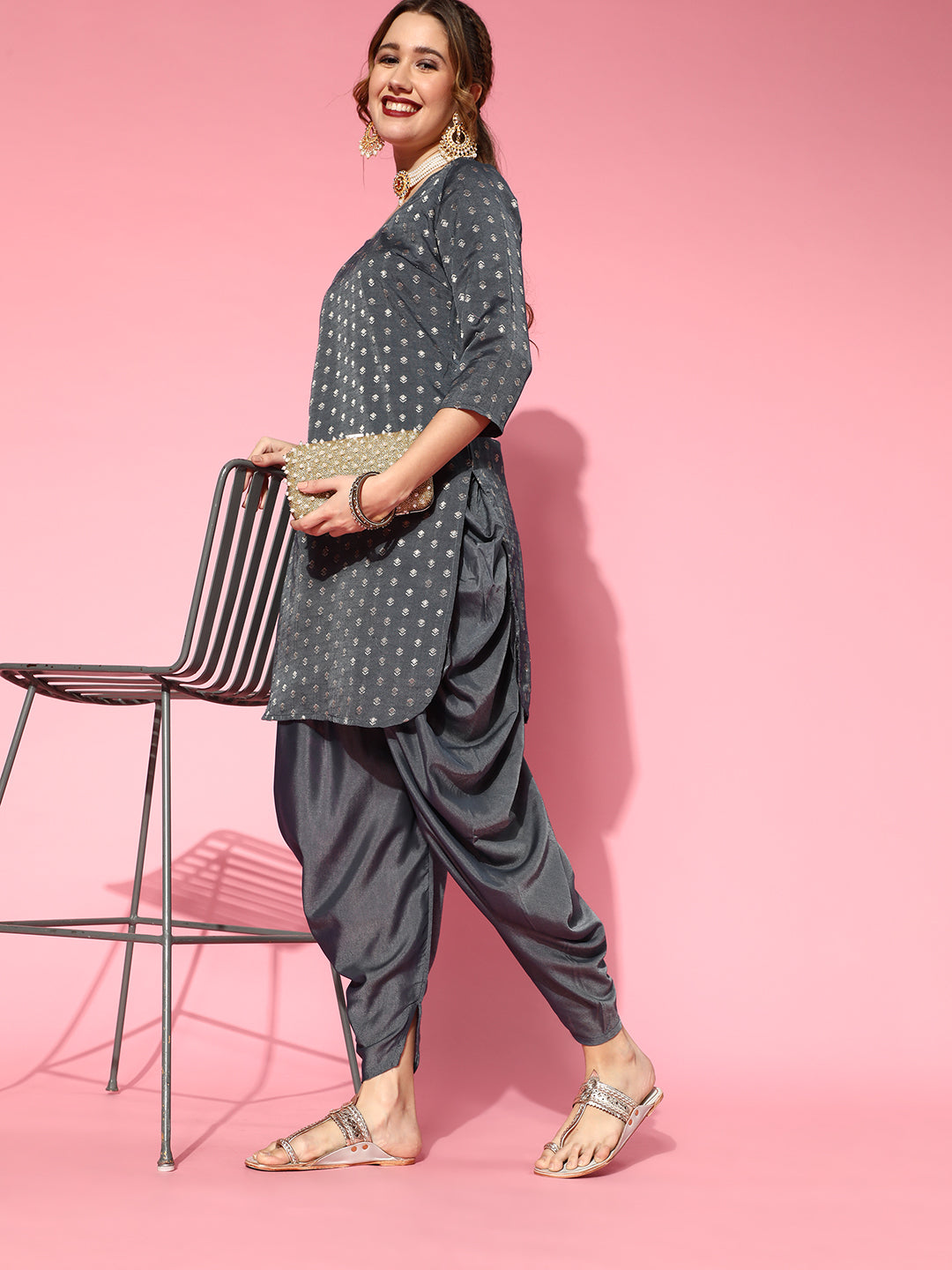 Grey Woven Design Kurta With Dhoti Pant