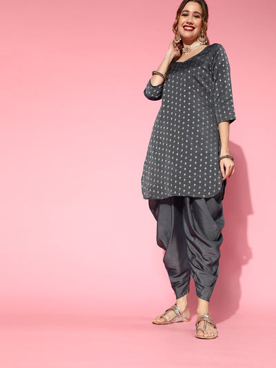 Grey Woven Design Kurta With Dhoti Pant