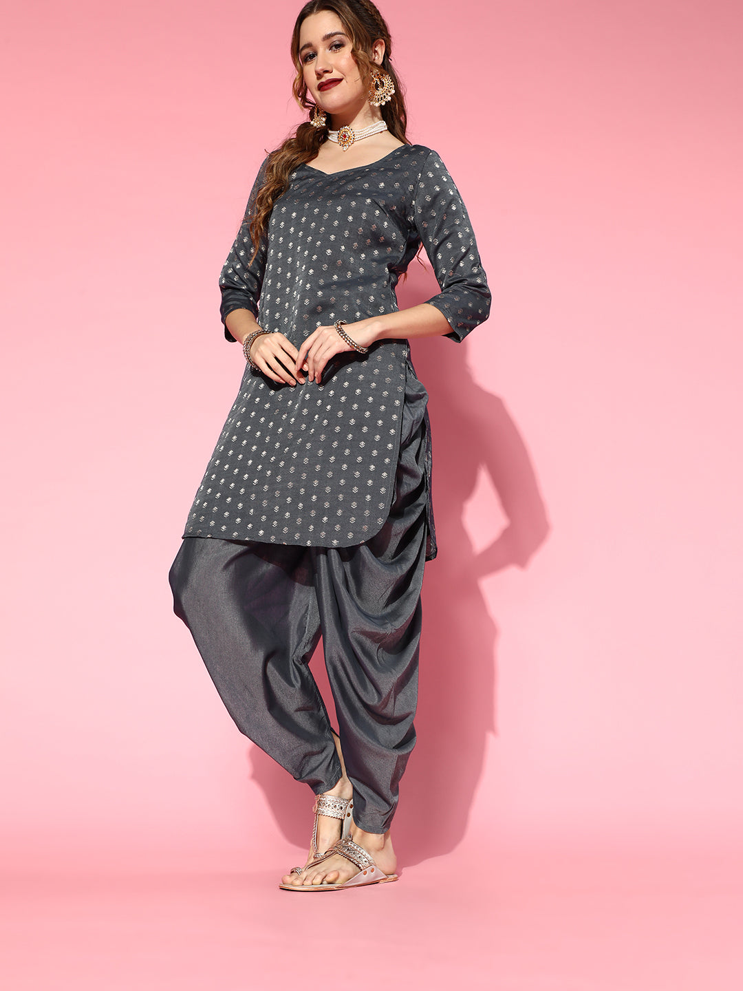 Grey Woven Design Kurta With Dhoti Pant