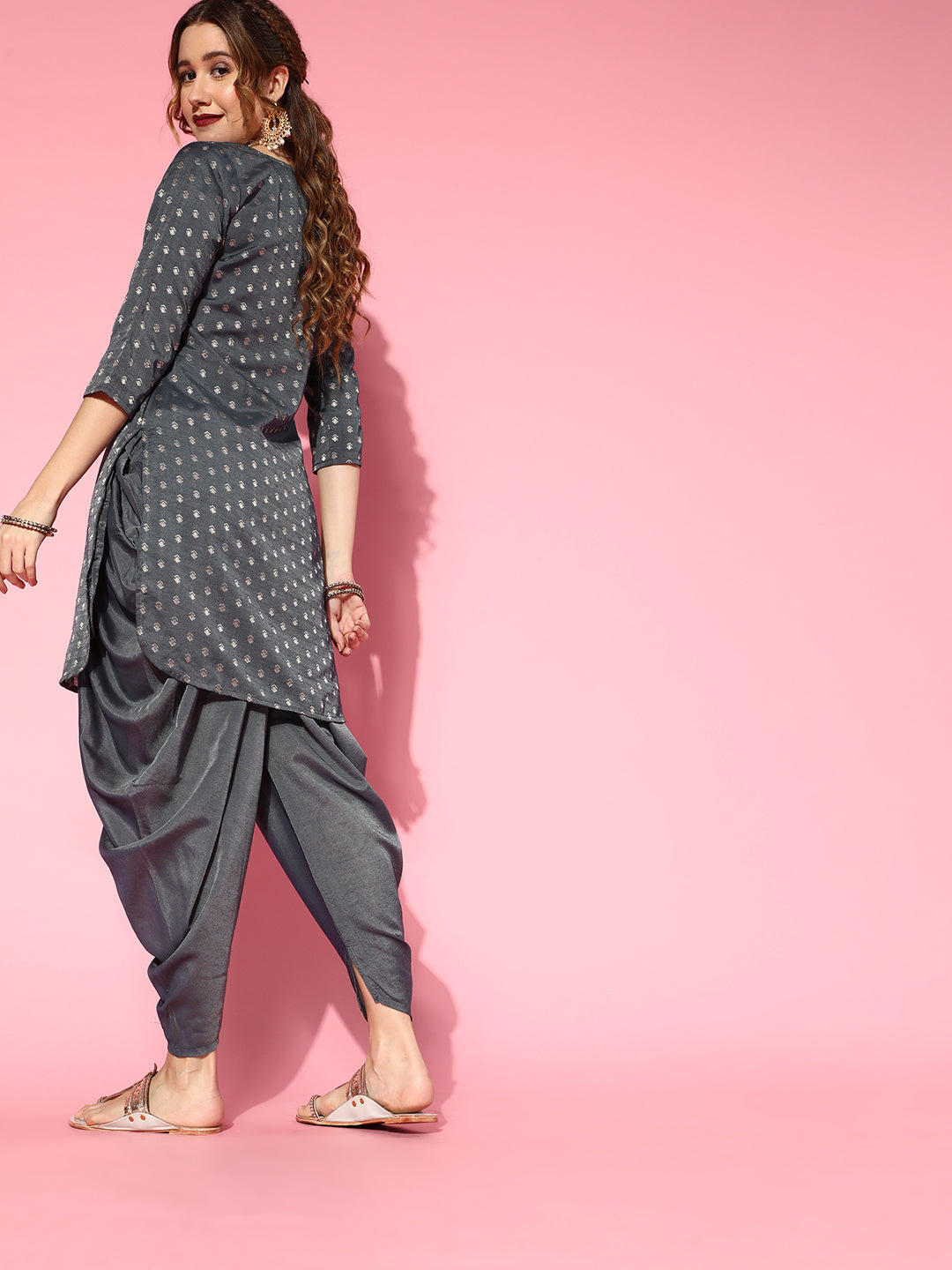 Grey Woven Design Kurta With Dhoti Pant