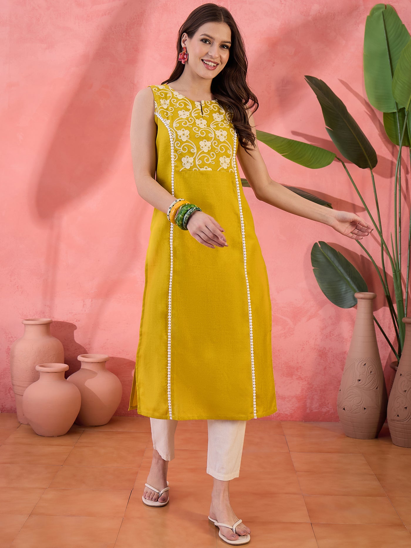 Yellow Floral Embroidered Kurta