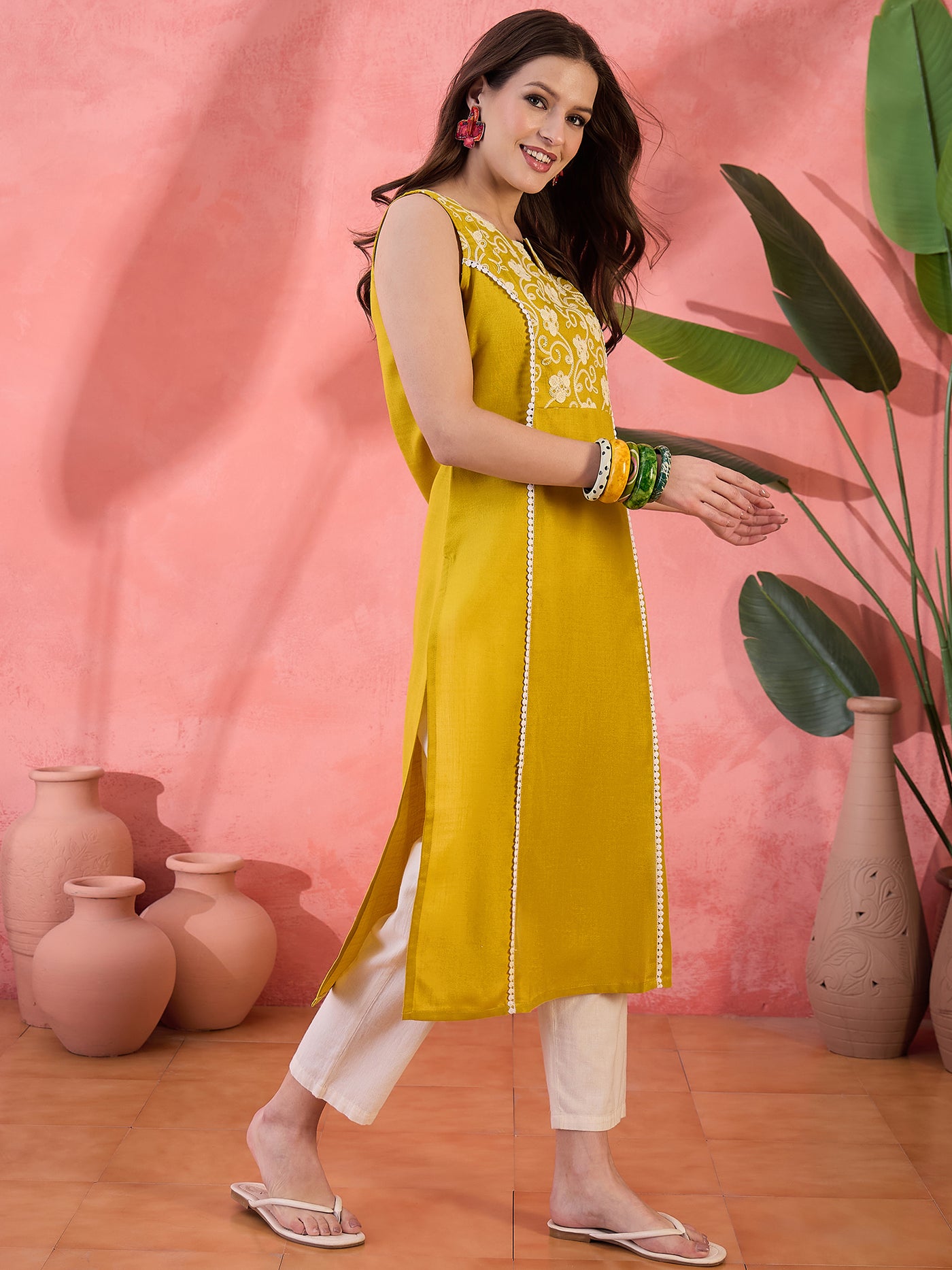 Yellow Floral Embroidered Kurta