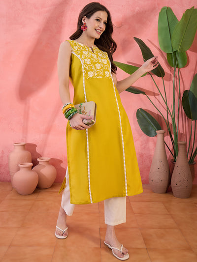 Yellow Floral Embroidered Kurta