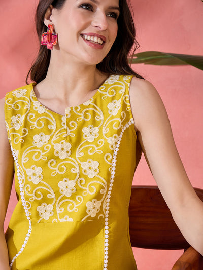 Yellow Floral Embroidered Kurta