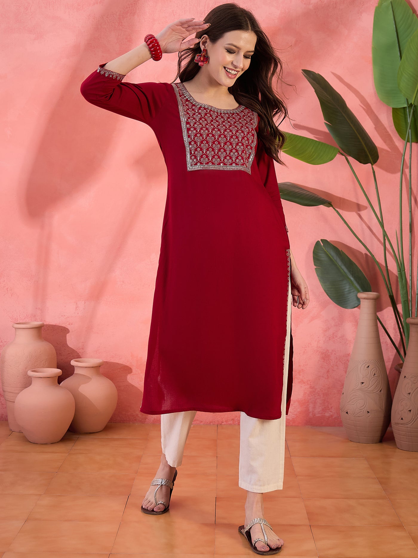 Maroon Embroidered Yoke Kurta