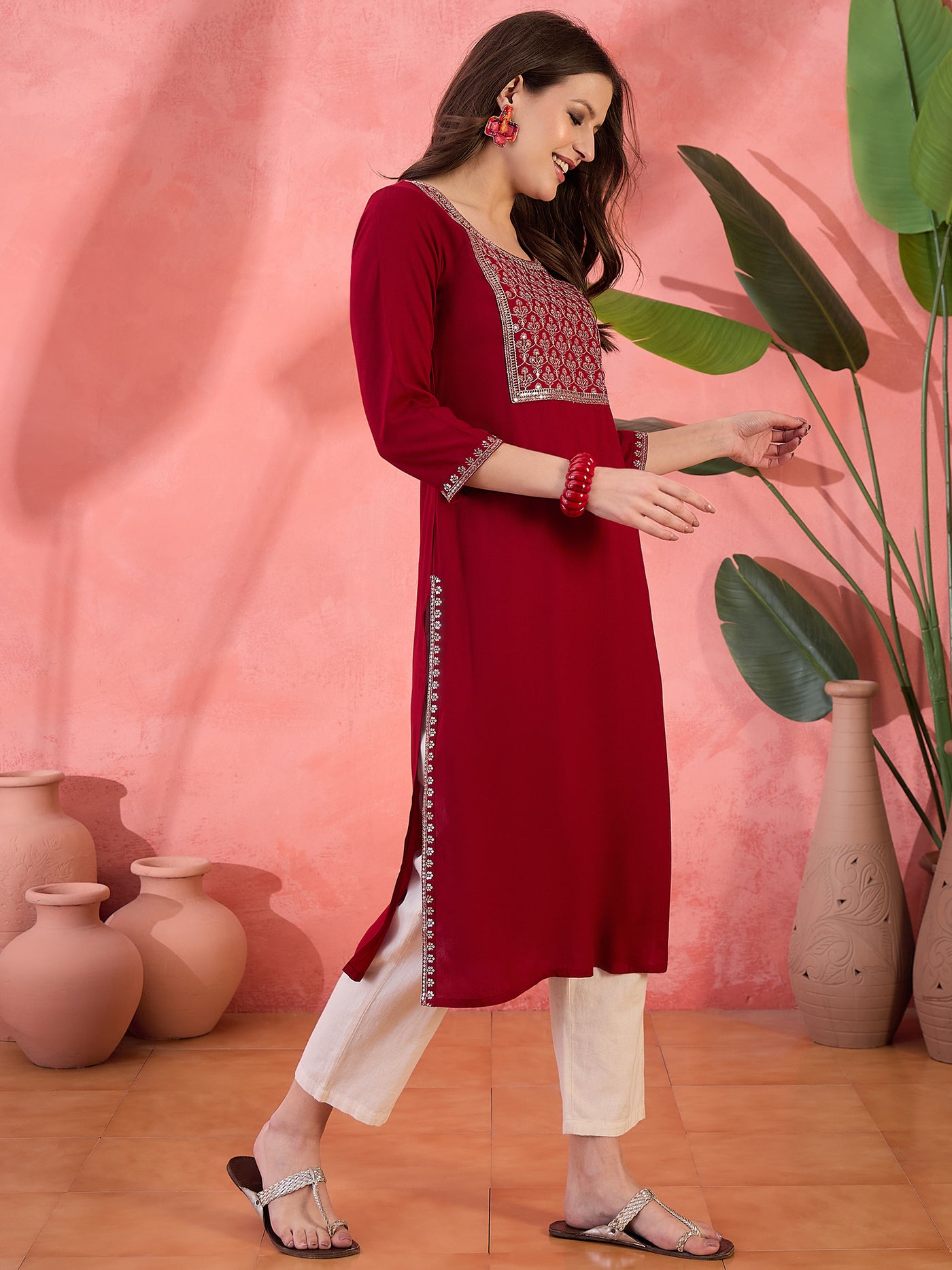 Maroon Embroidered Yoke Kurta