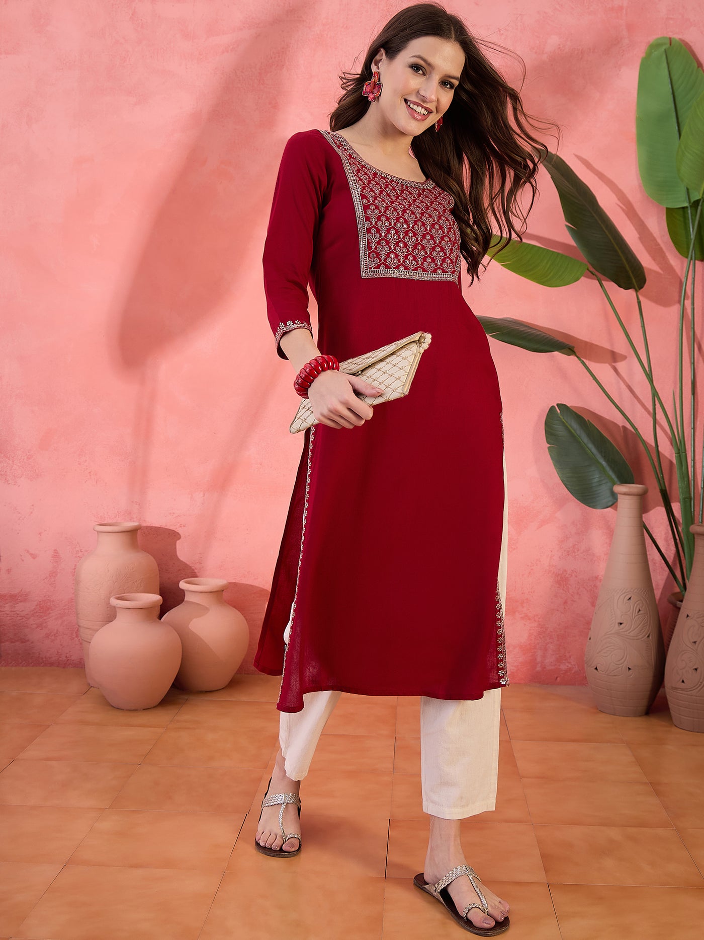 Maroon Embroidered Yoke Kurta