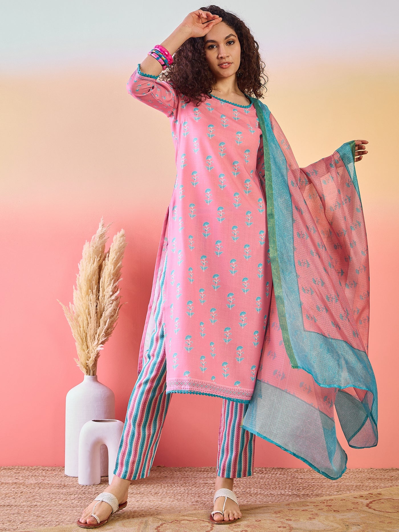 Pink Floral Print Kurta Pant With Dupatta