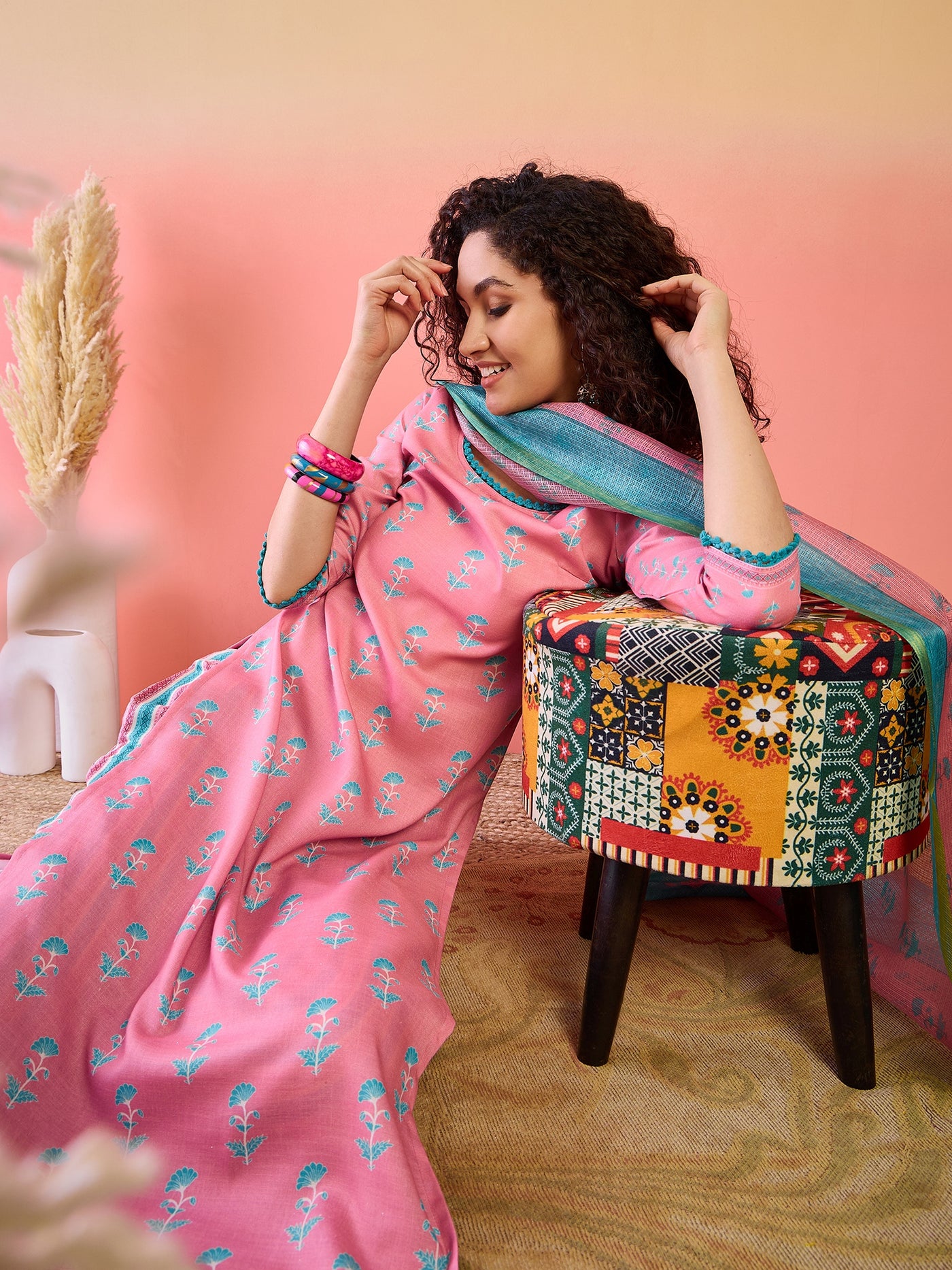 Pink Floral Print Kurta Pant With Dupatta