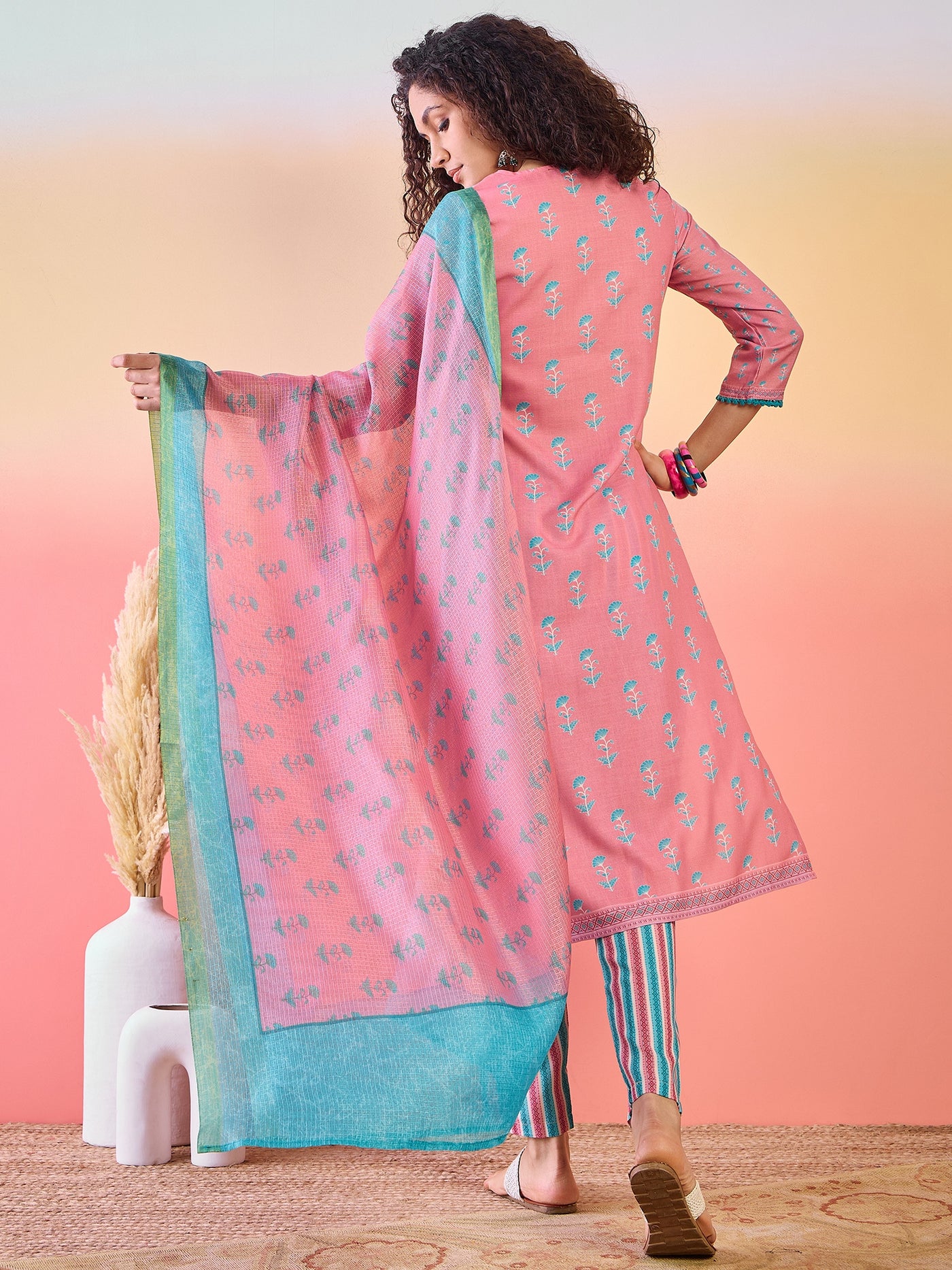 Pink Floral Print Kurta Pant With Dupatta