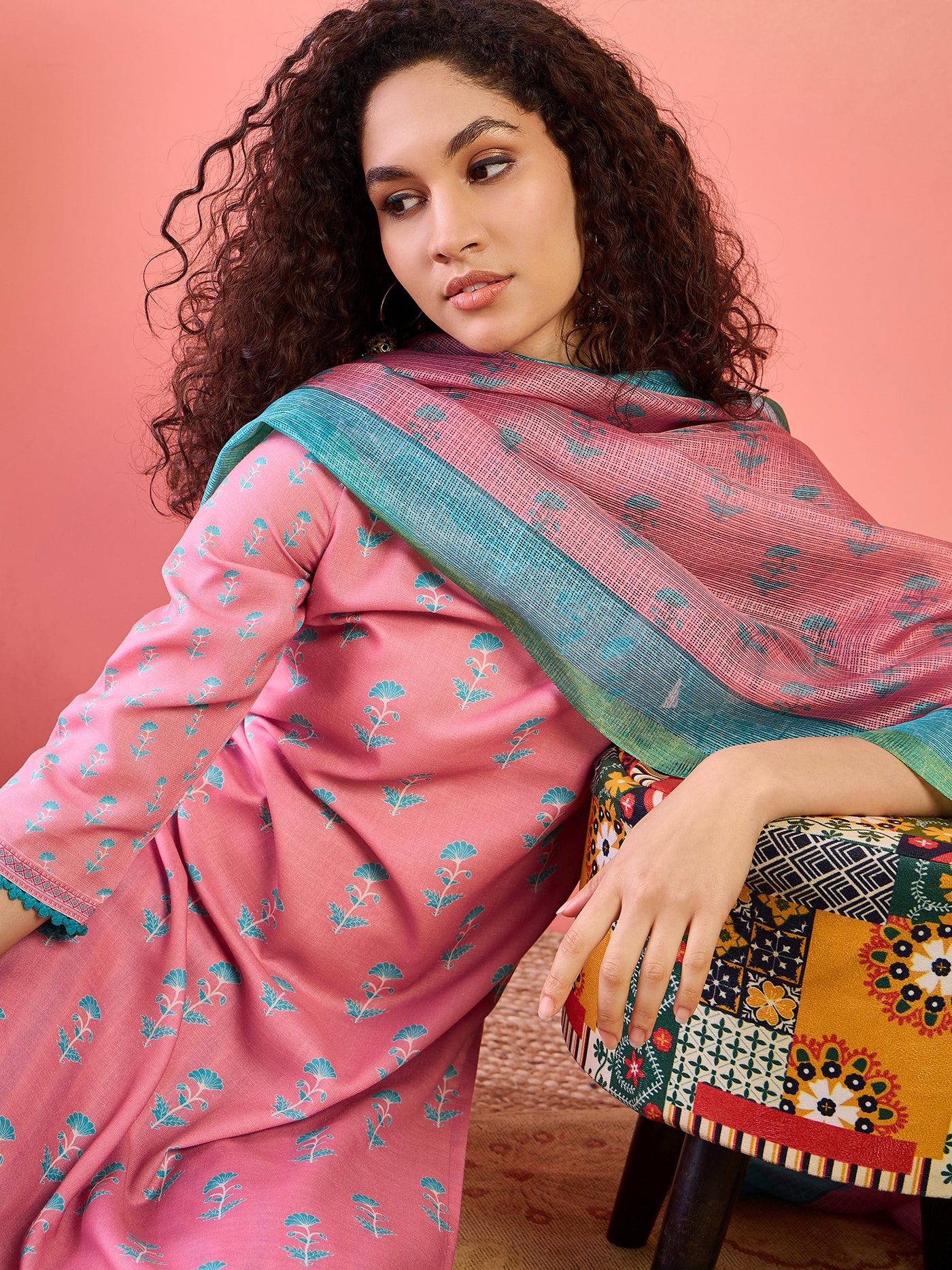 Pink Floral Print Kurta Pant With Dupatta