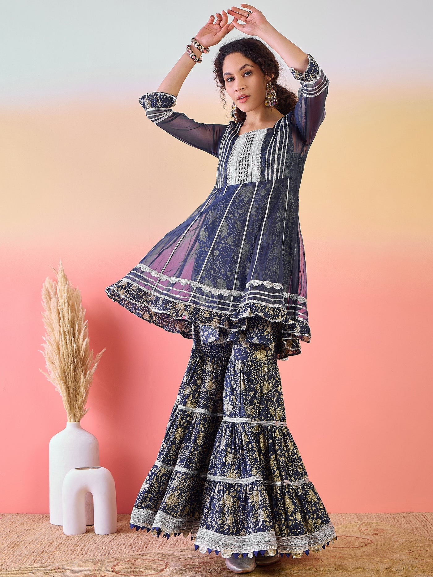 Navy Blue Floral Print Kurta Sharara Set