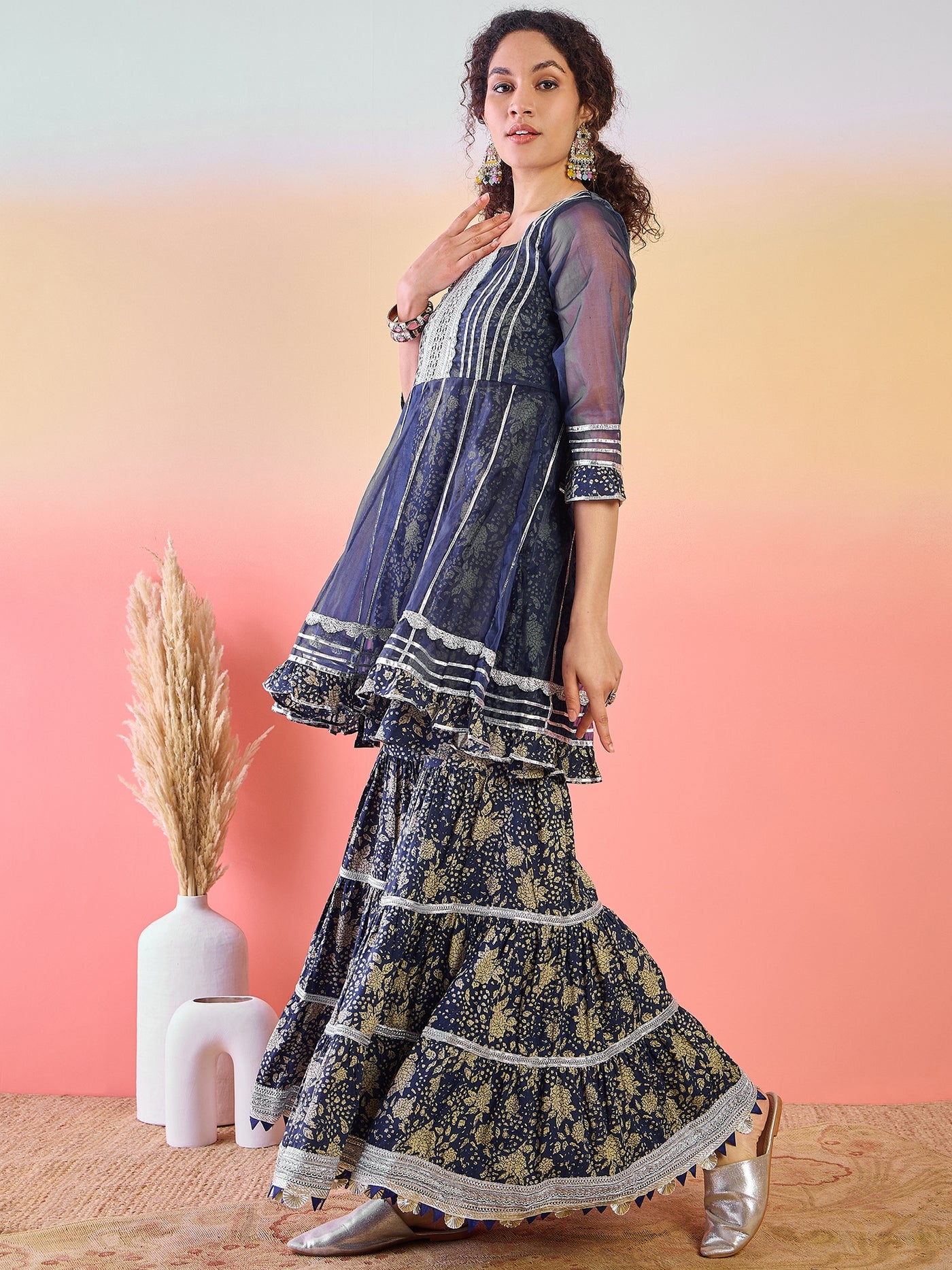 Navy Blue Floral Print Kurta Sharara Set