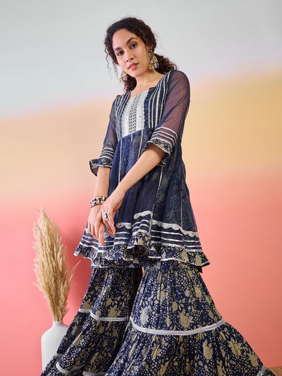 Navy Blue Floral Print Kurta Sharara Set