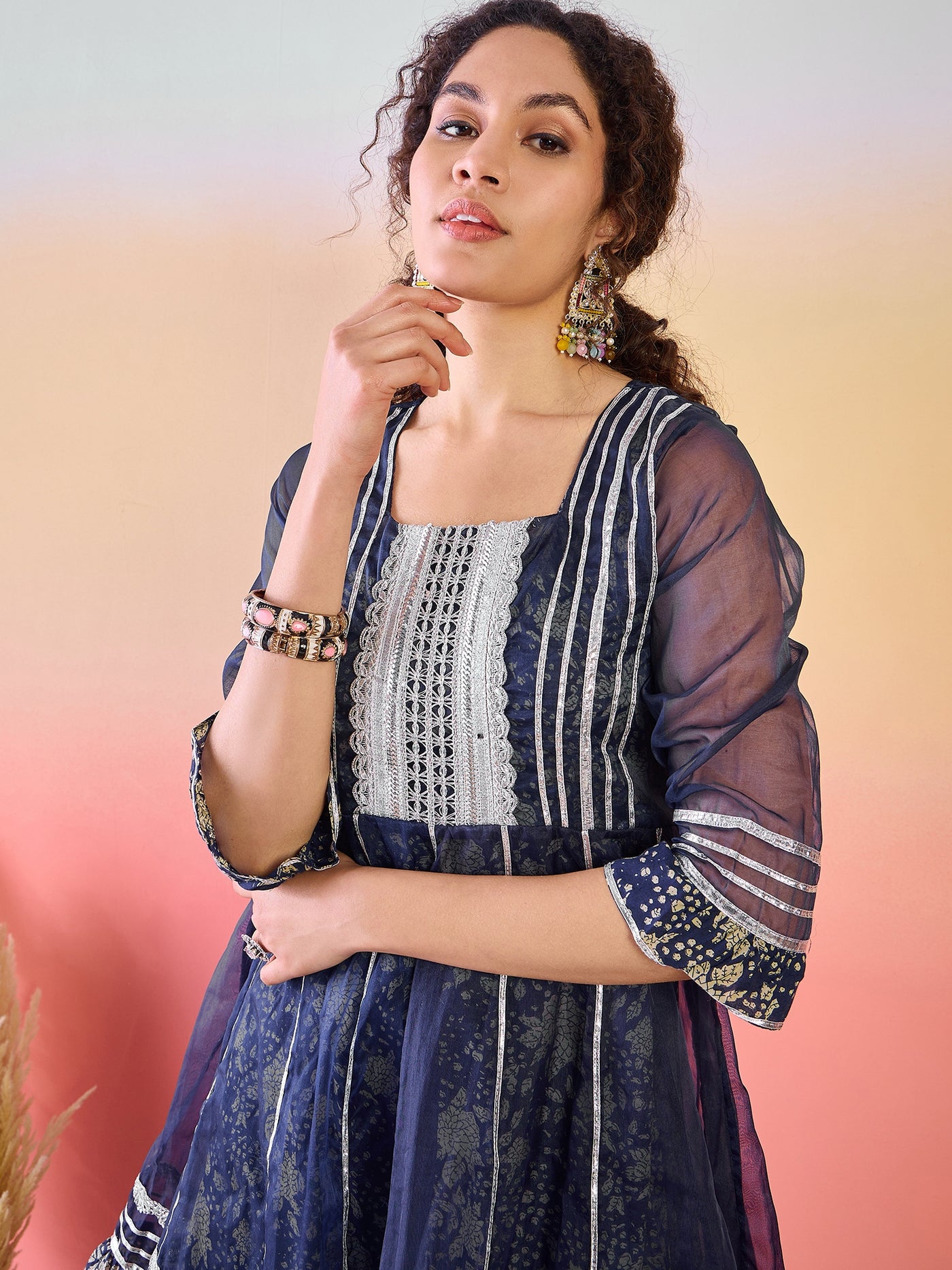 Navy Blue Floral Print Kurta Sharara Set