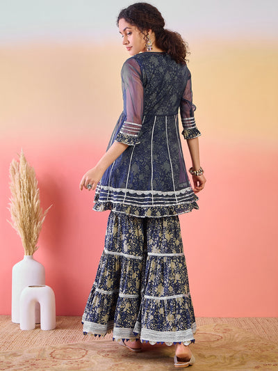 Navy Blue Floral Print Kurta Sharara Set