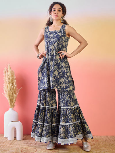 Navy Blue Floral Print Kurta Sharara Set