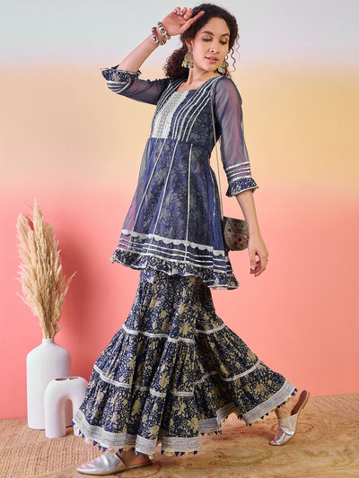 Navy Blue Floral Print Kurta Sharara Set