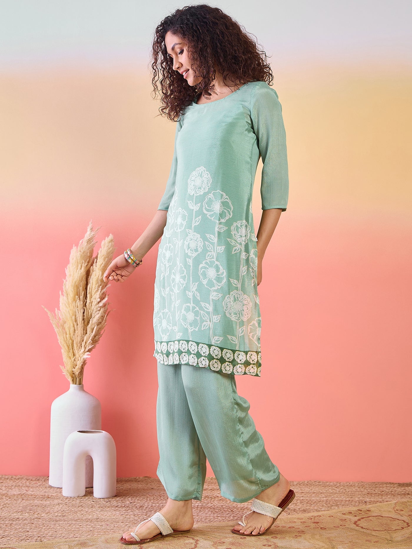 Green Floral Print Kurta With Palazzo