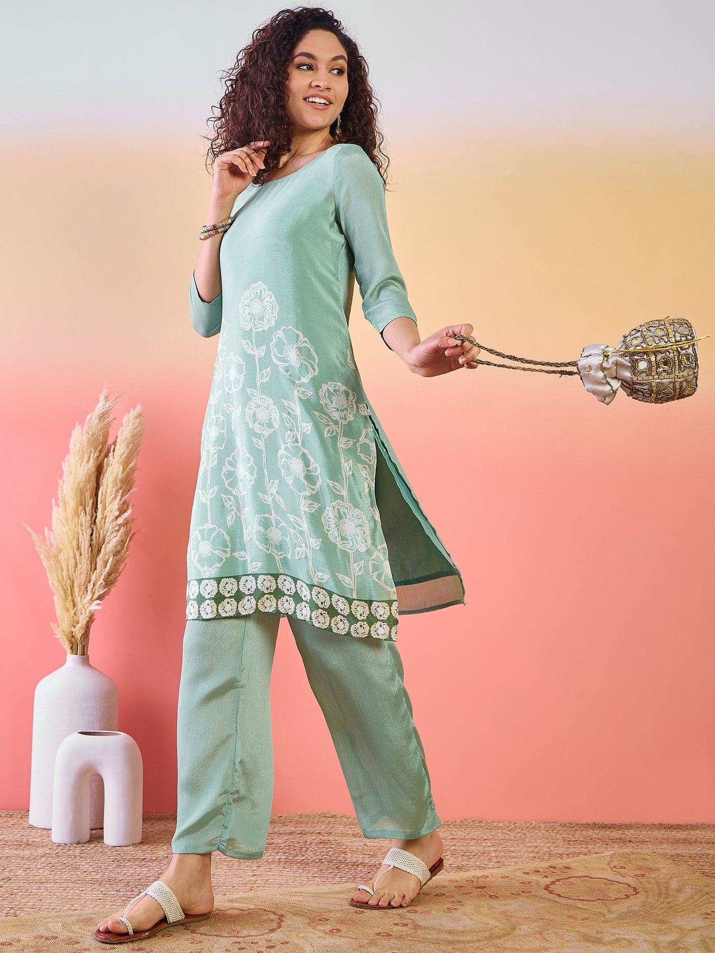 Green Floral Print Kurta With Palazzo