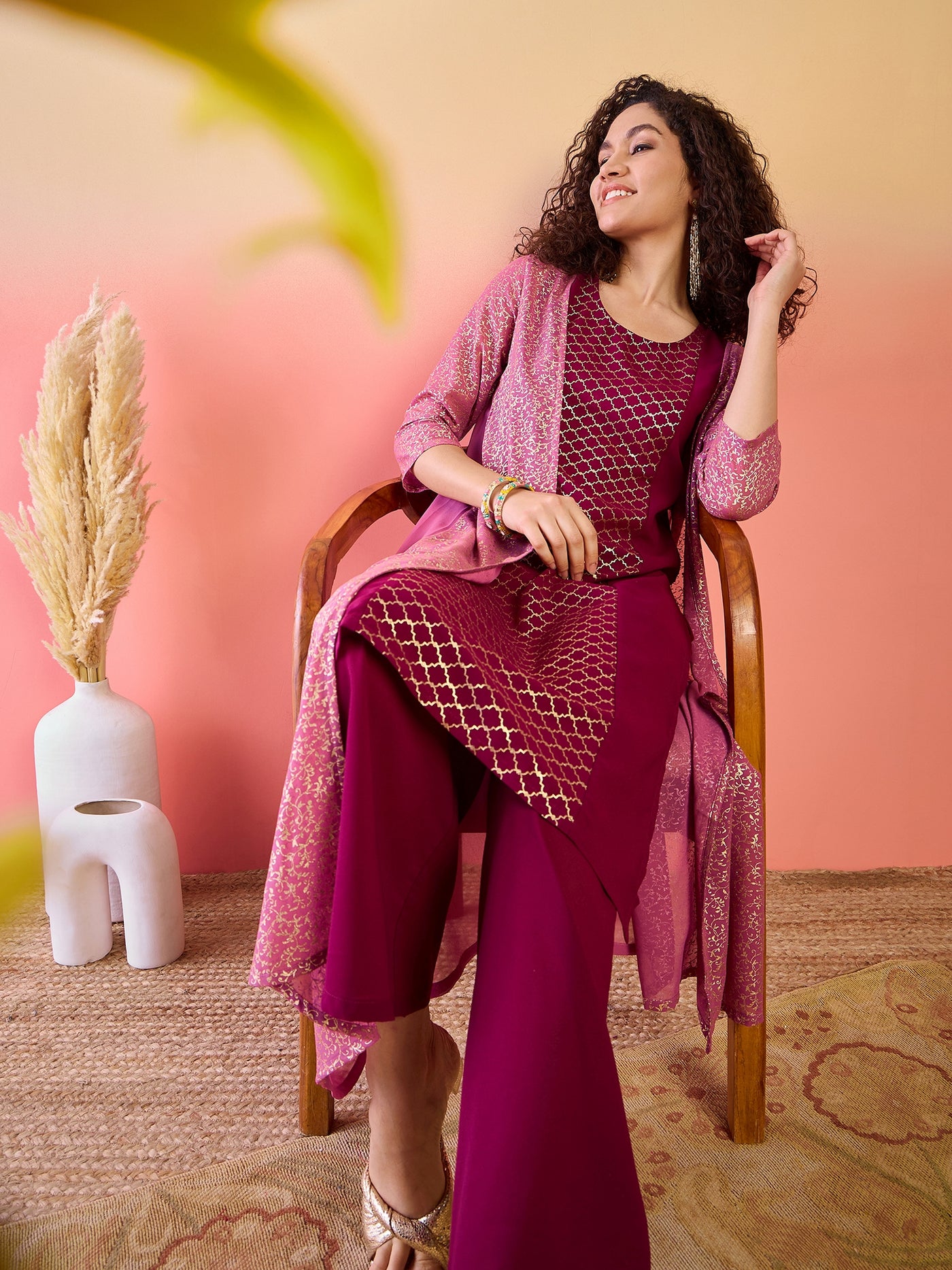 Maroon & Mauve Gold Foil Printed Kurta Palazzo With Jacket
