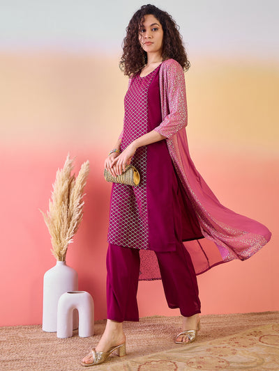 Maroon & Mauve Gold Foil Printed Kurta Palazzo With Jacket