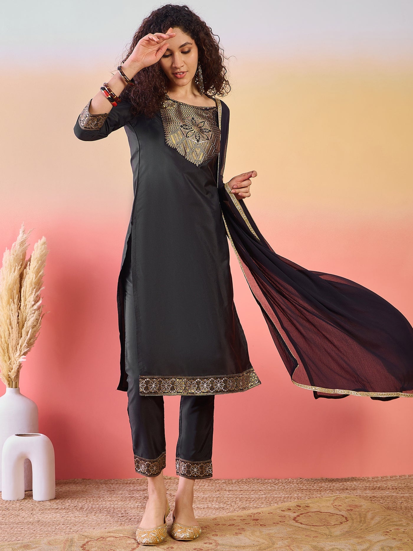 Black Patch Work Kurta Pant With Dupatta