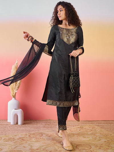 Black Patch Work Kurta Pant With Dupatta