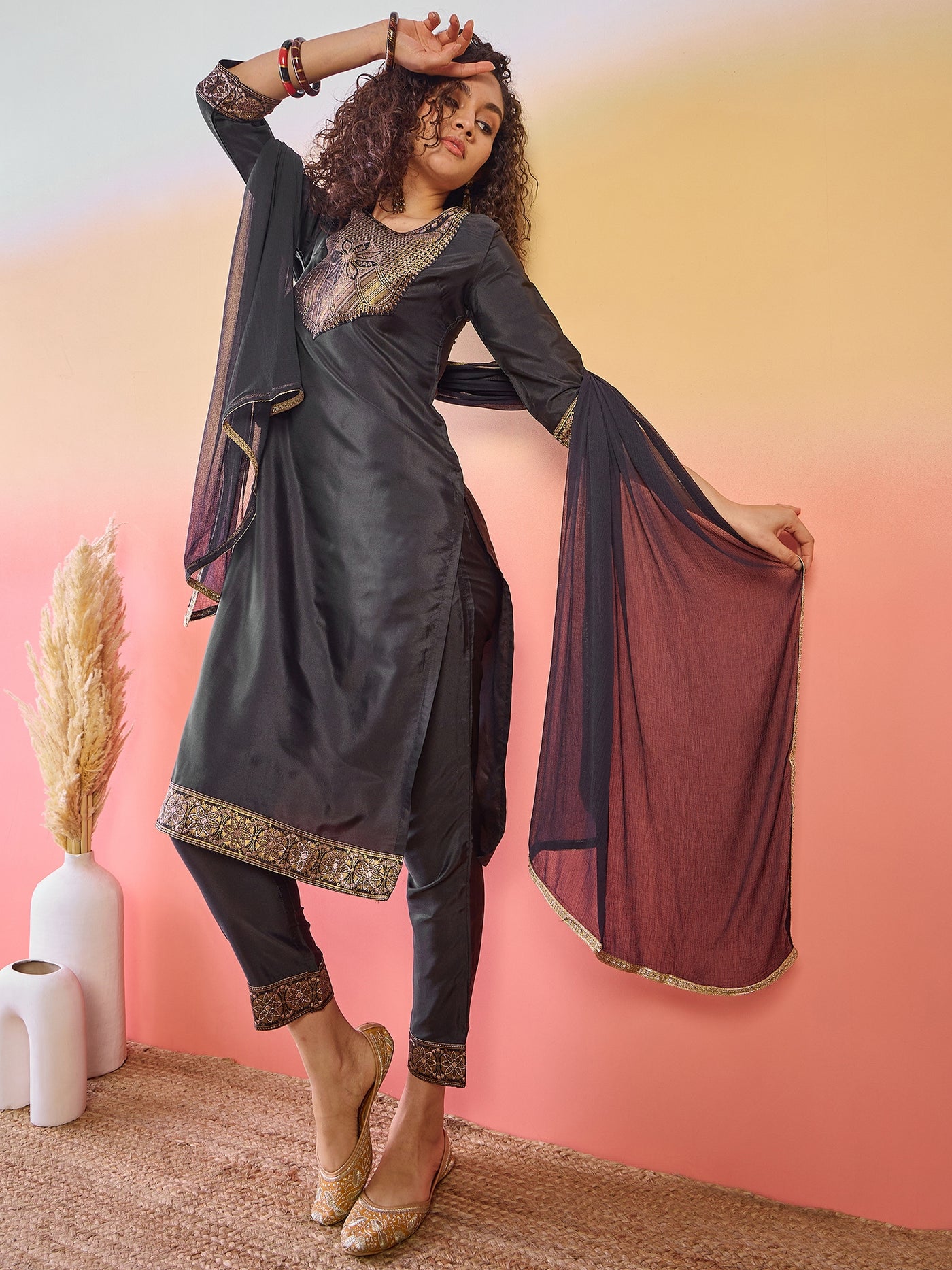 Black Patch Work Kurta Pant With Dupatta