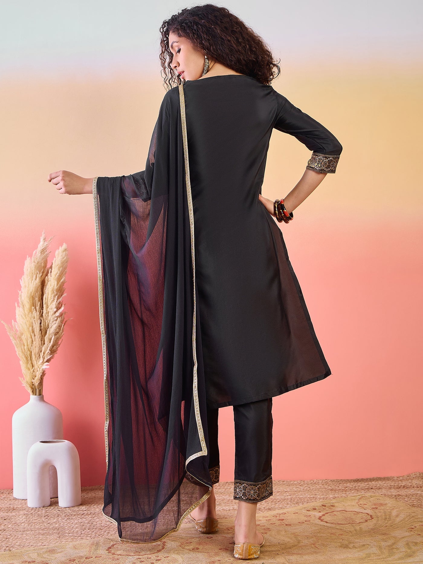 Black Patch Work Kurta Pant With Dupatta