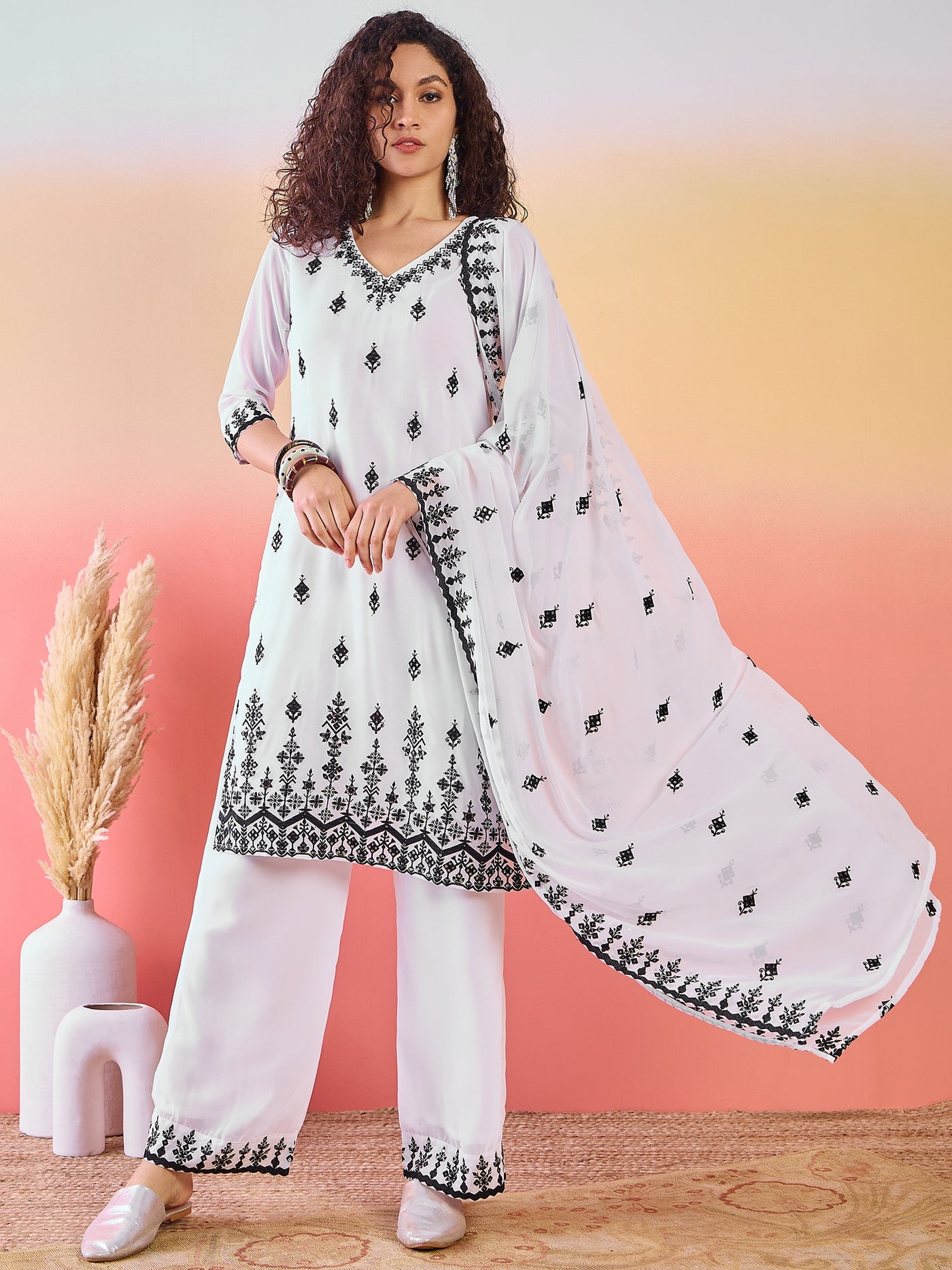 White Embroidered Kurta Palazzo With Dupatta