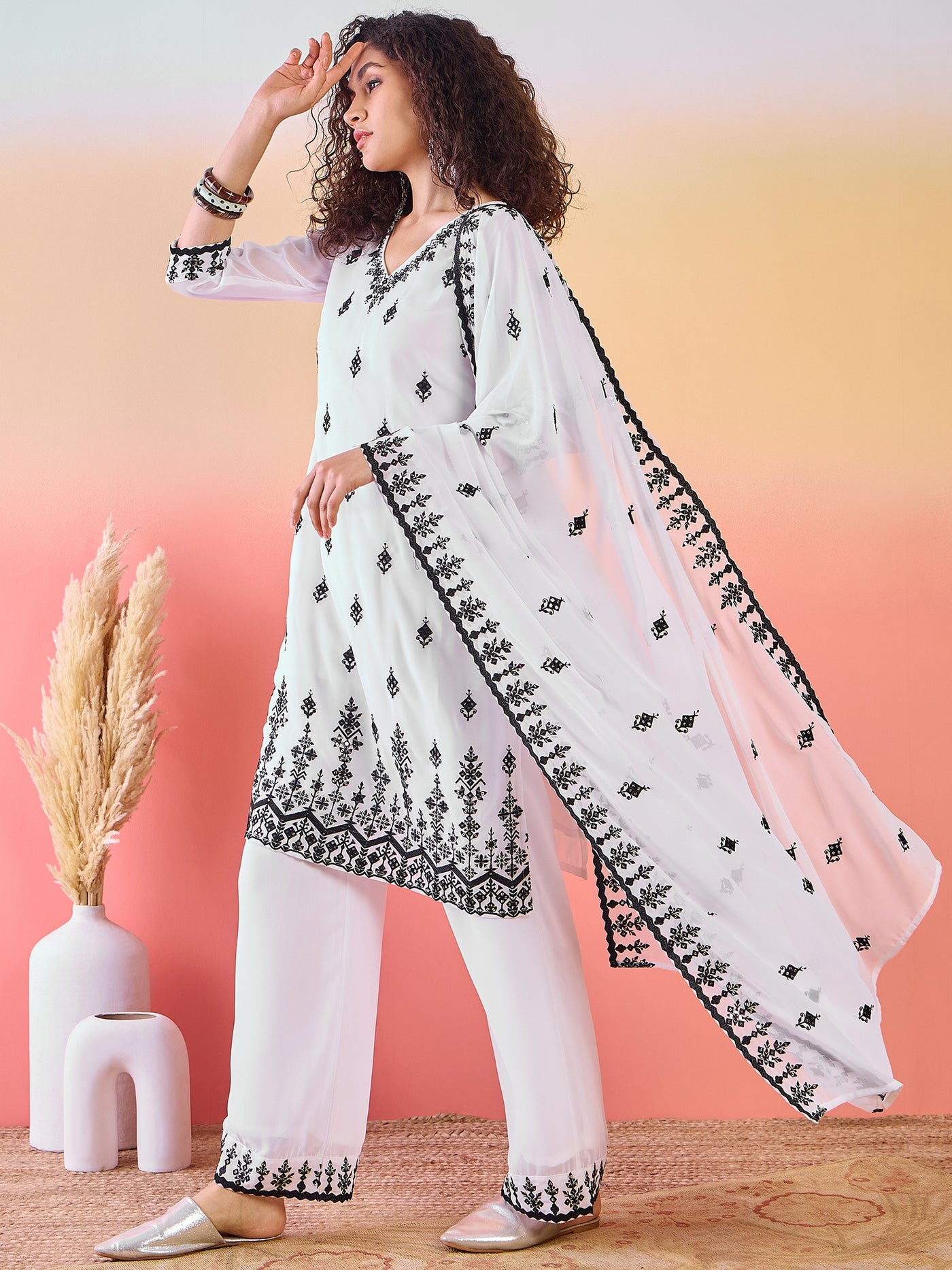 White Embroidered Kurta Palazzo With Dupatta