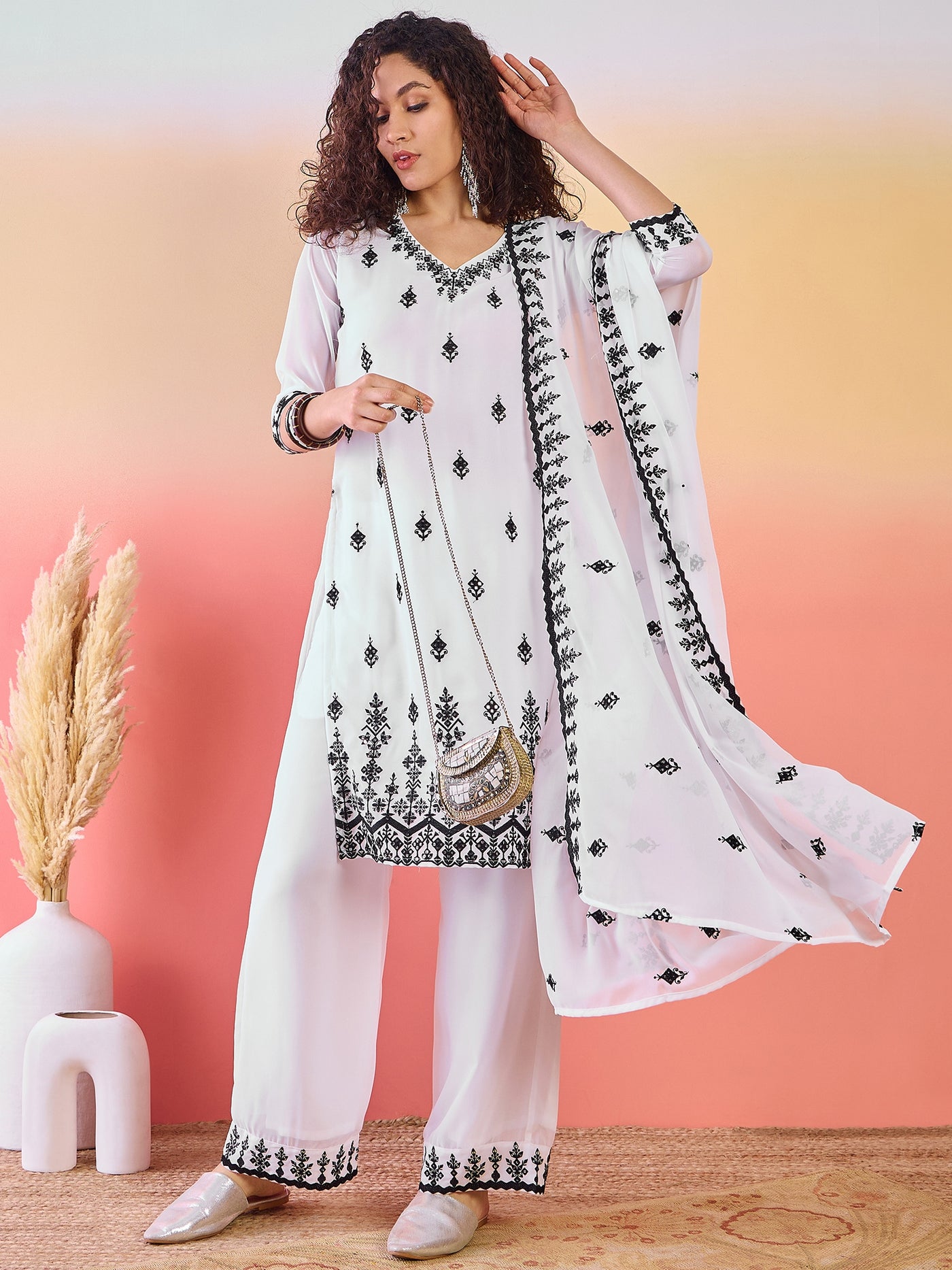 White Embroidered Kurta Palazzo With Dupatta