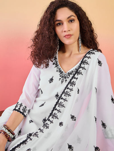 White Embroidered Kurta Palazzo With Dupatta