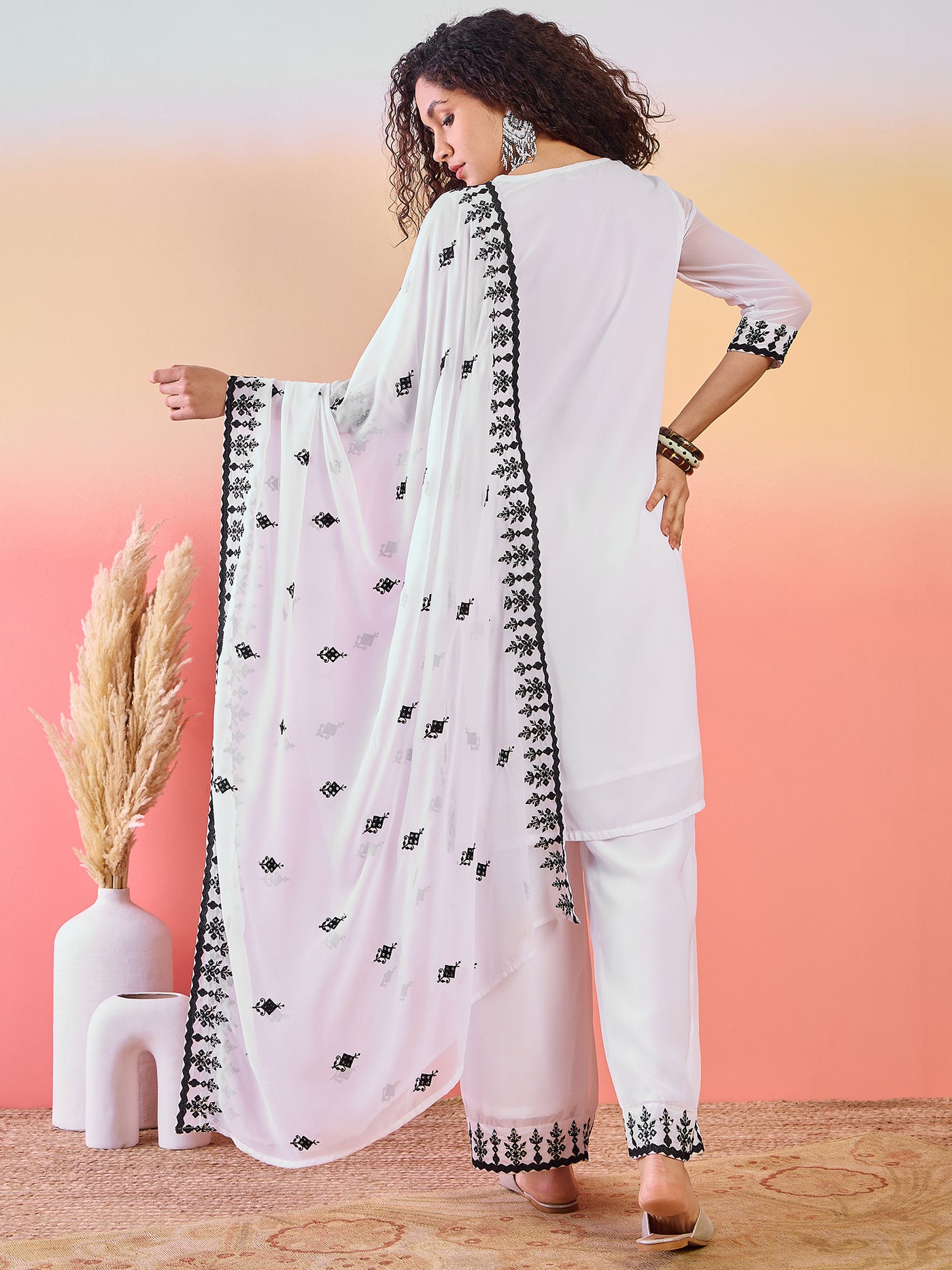 White Embroidered Kurta Palazzo With Dupatta